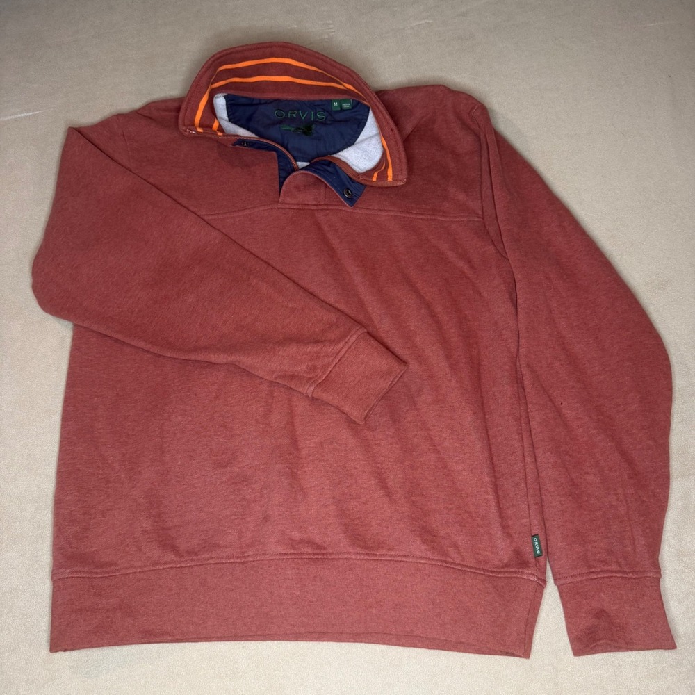 Orvis Mens Medium Quarter Snap Pullover Sweatshirt Rust Red Heather RN70534